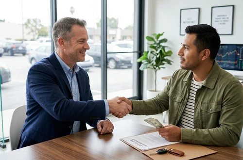 DriveWise lending specialist reviewing a car loan application with a client in a bright modern office